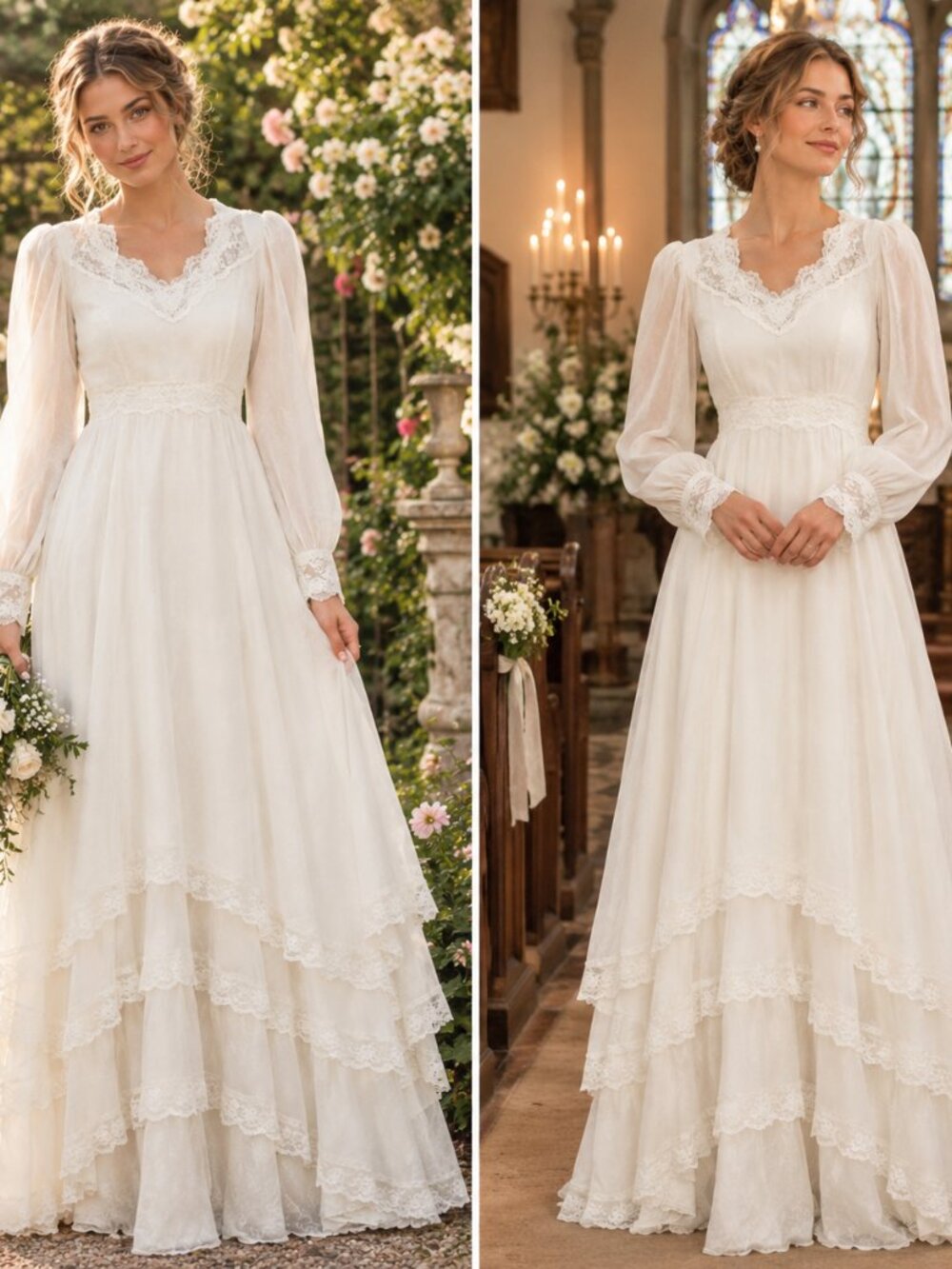Vintage 1980s Prairie Wedding Dress Edwardian Organza Lace Bridal Gown Tiered
